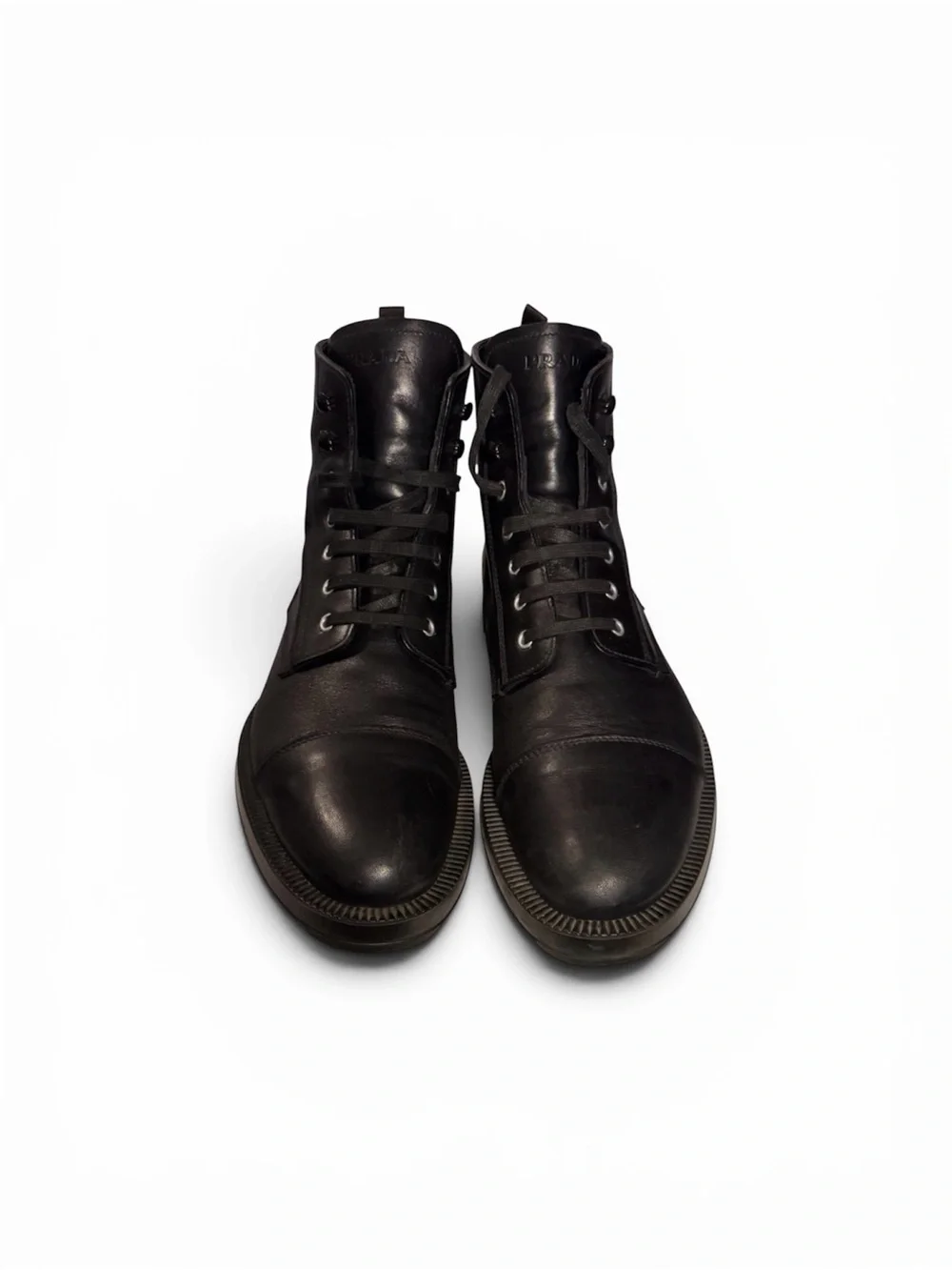 Prada Black Calf Leather Cap Toe Lug Sole Combat Boots Sz 9 Eu 42 Made In Italy